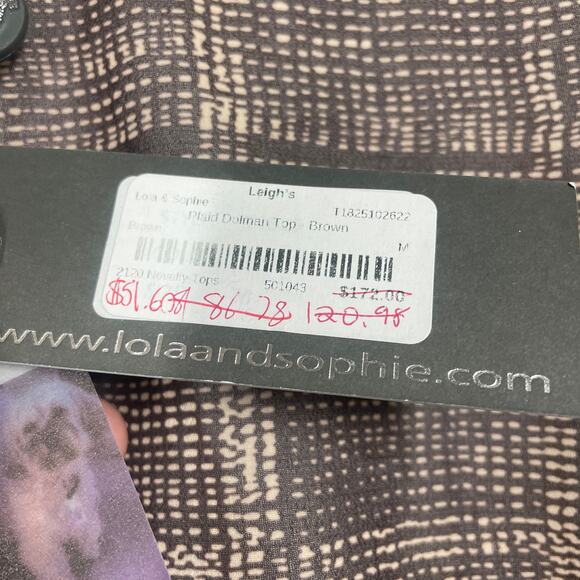 Lola & Sophie New York Medium Plaid Dolman Top Brown Cold Shoulder Crew Neck - Picture 7 of 8